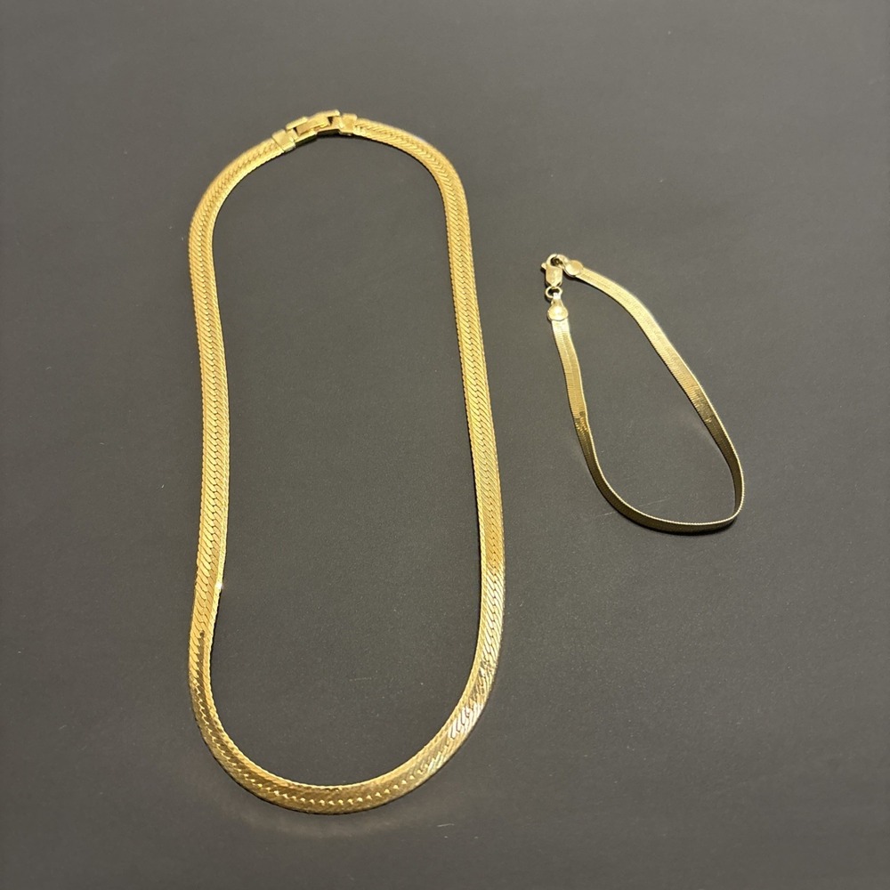 Gold-Tone Flat Herringbone Chain Necklace (16") & Matching Bracelet (8") Set